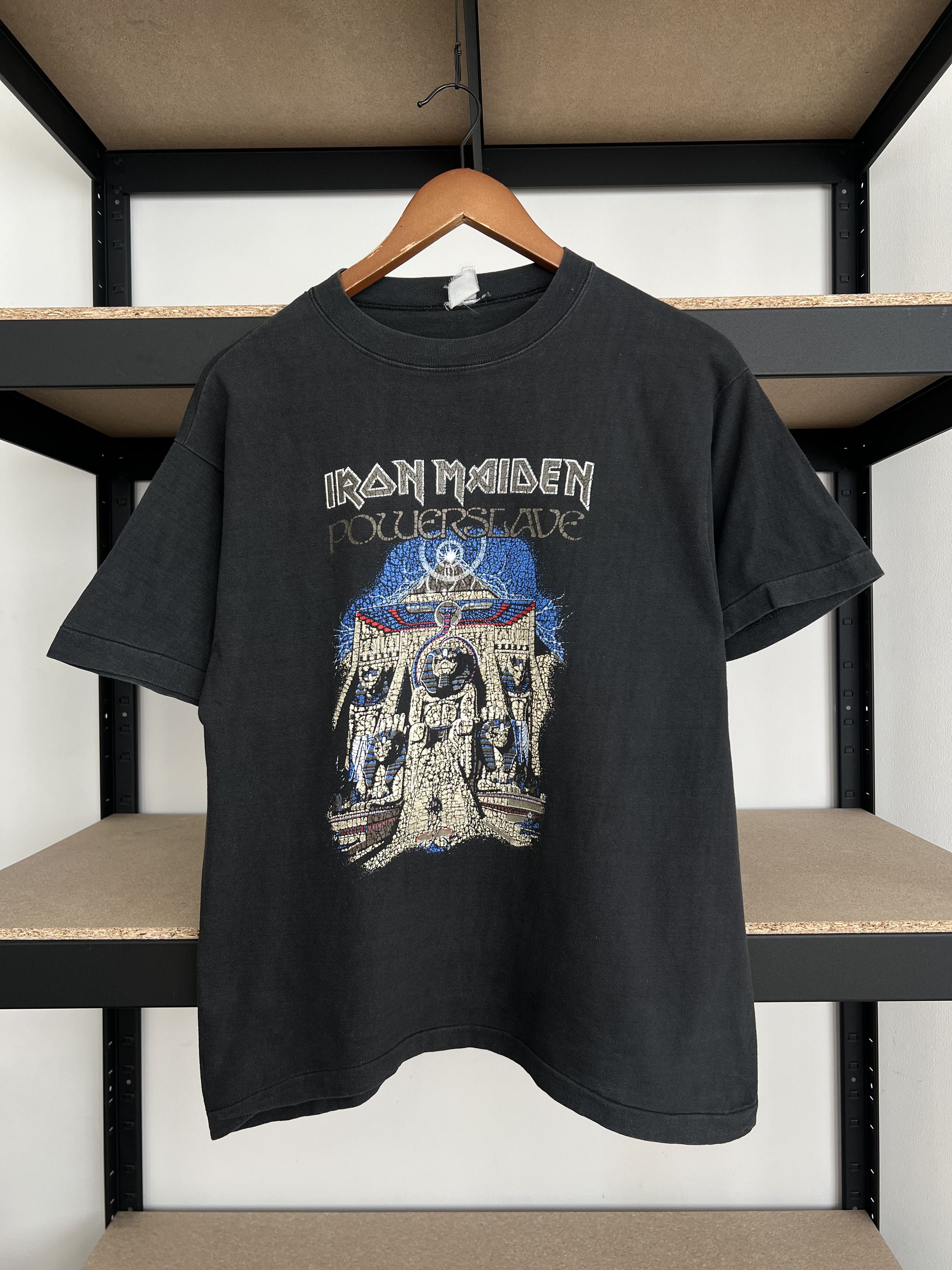 Vintage 90s Iron Maiden Powerslave Single Stitch Black Tee, image size:2625x3500