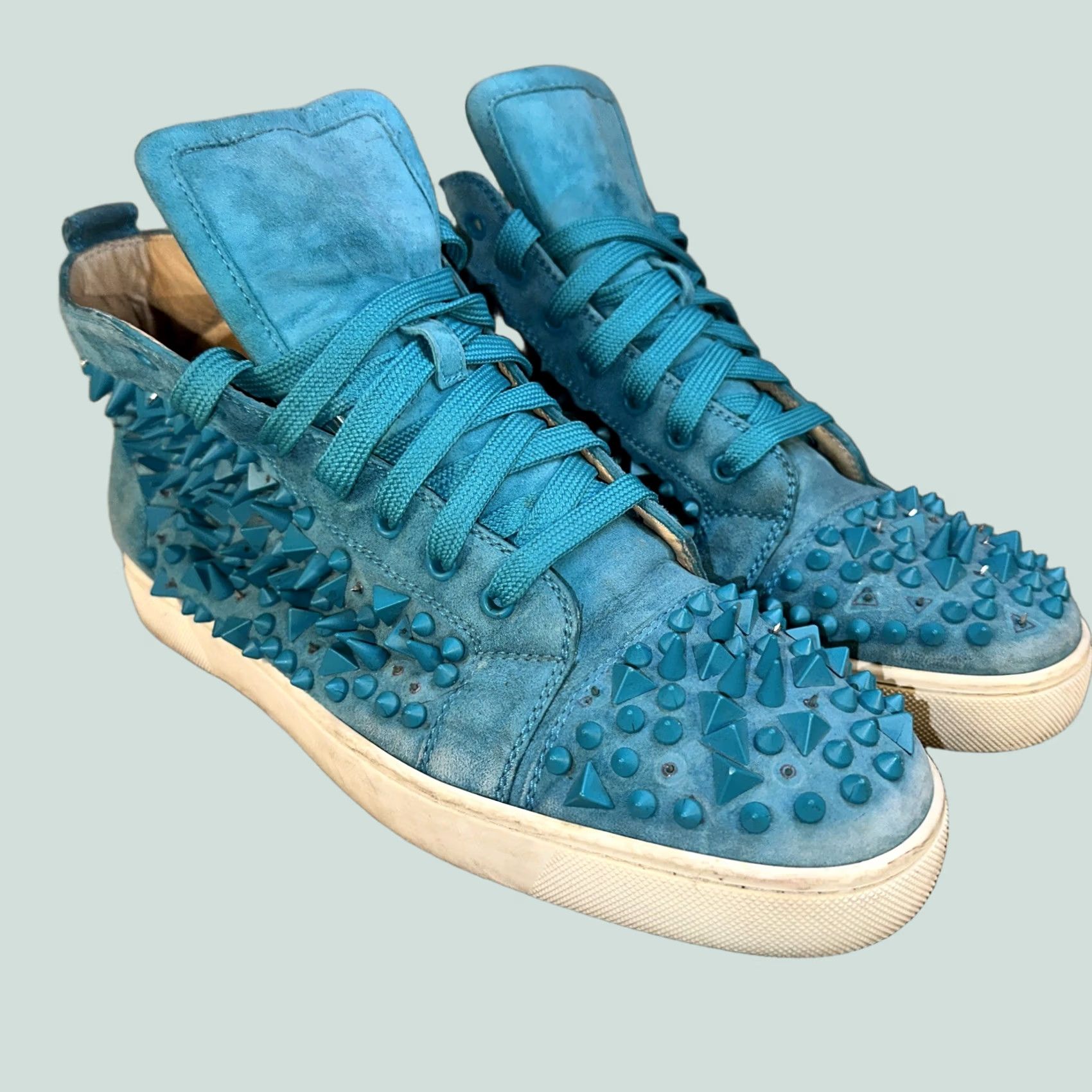 Christian Louboutin VINTAGE Men’s Teal Spike Christian Louboutin Louis Pik Pik Sneaker US11.5 EU44.5 Mens Casual Spikes Leather Italy Turquoise 90s Size US 12 / EU 45 - 1 Thumbnail