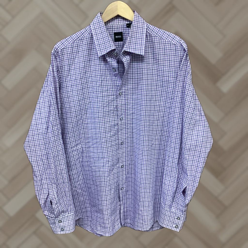Hugo Boss HUGO BOSS Button-Up Shirt Men XL Purple Cotton Pocket Casual Slim Check Long Sleeve Size US XL / EU 56 / 4 - 1 Thumbnail