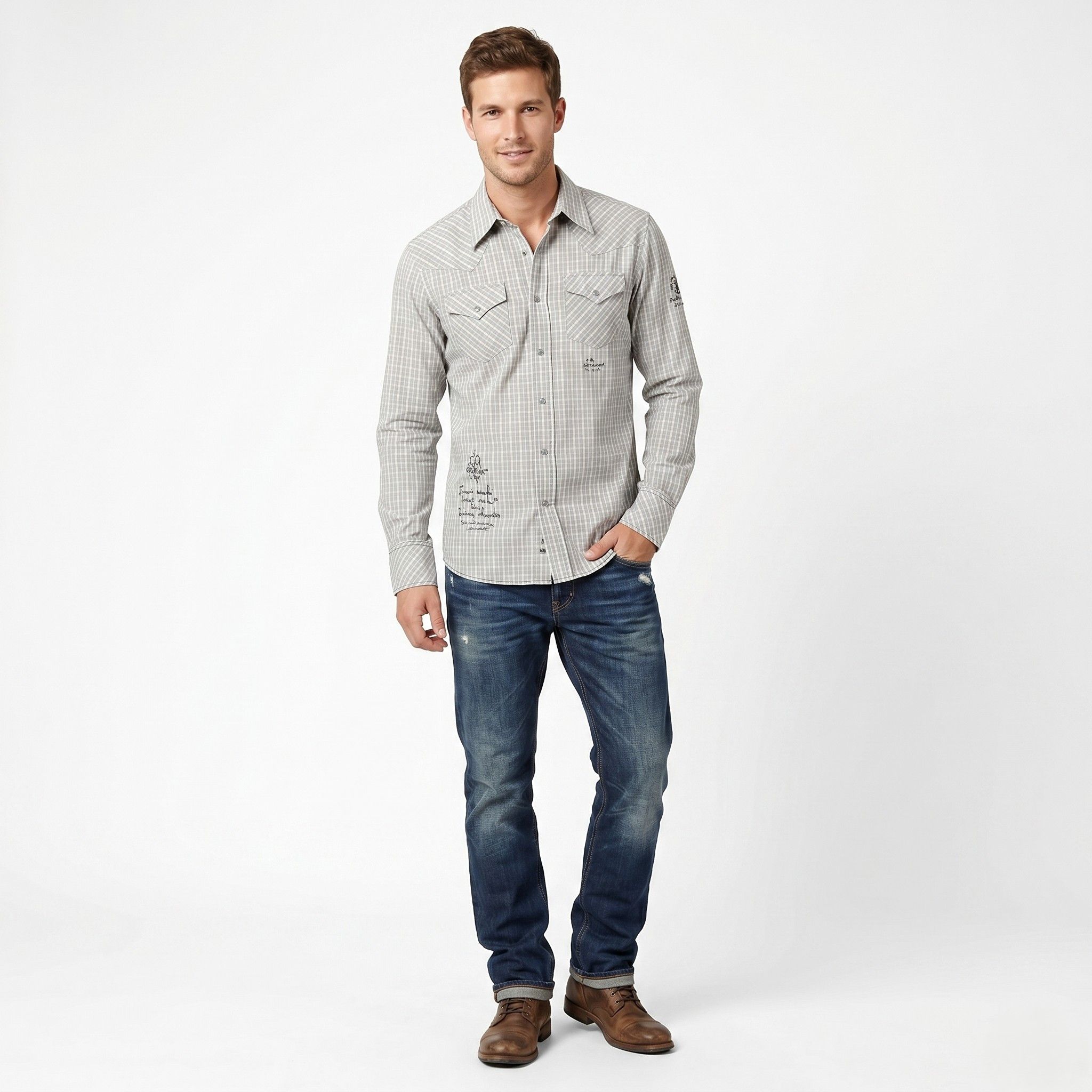Diesel Diesel Men L Casual Shirt Gray Check Cotton 0237 Size US L / EU 52-54 / 3 - 1 Thumbnail