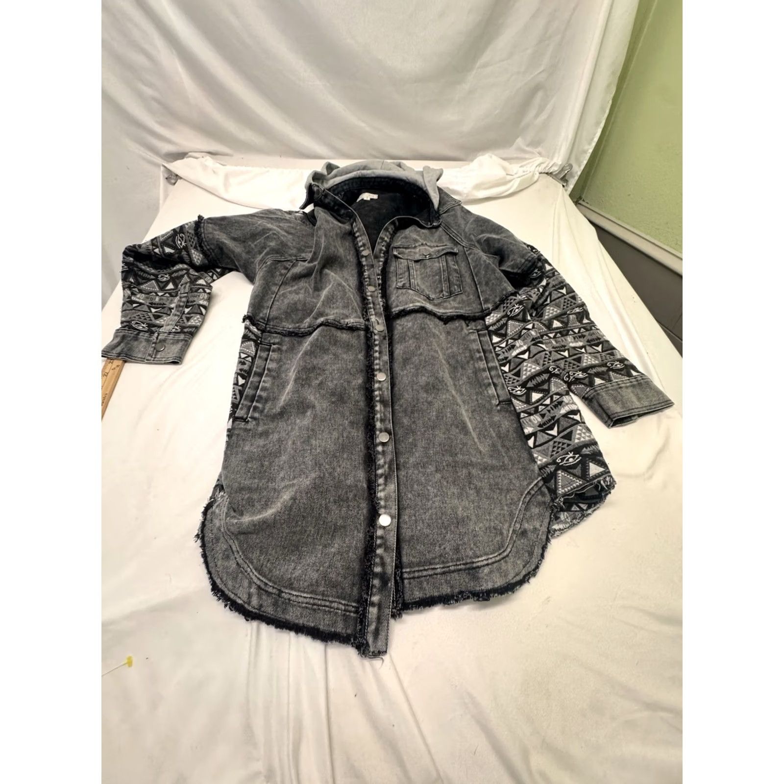 Denime Oli & Hali Jacket Shacket Black Size S Patchwork Flannel Denim Corduroy Button Snap Casual Workwear Oversize Women Size S / US 4 / IT 40 - 3 Thumbnail