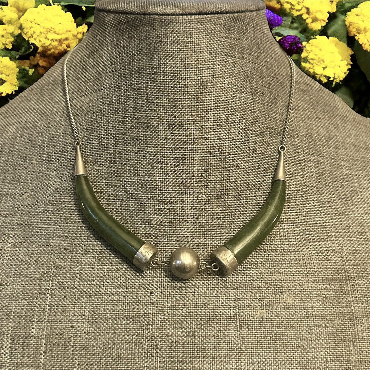 image of Vintage Double Green Jade Horn Necklace in Silver, Women's