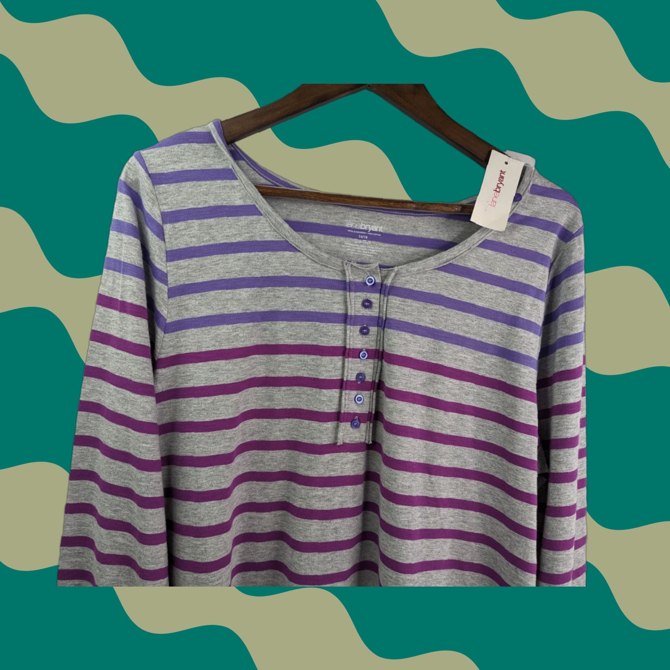 Vintage NWT Lane Bryant Blouse 1/4 Button Up Women's 14/16 Purple Grey Stripe Long Sleeve Round Neck Cotton 100% Machine Washable Womens Size XL / US 12-14 / IT 48-50 - 1 Thumbnail