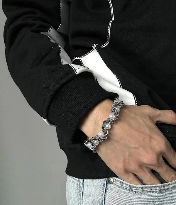 Jewelry Silver Pearl Accent Chain Link Bracelet, Men's Jewelry Size ONE SIZE - 3 Thumbnail