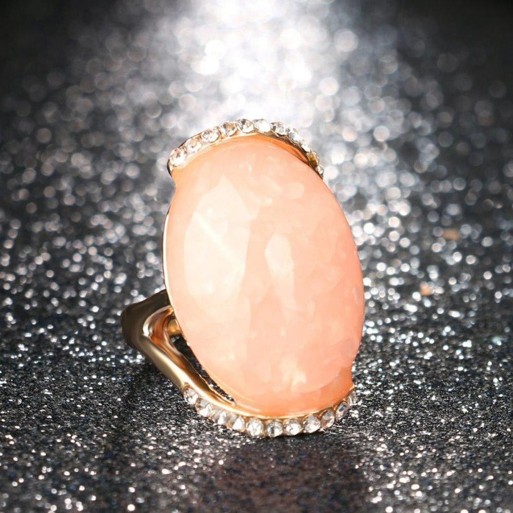 Designer Big Oval Pink Epoxy Mosaic Antique Gold Vintage Ring Size ONE SIZE - 1 Thumbnail