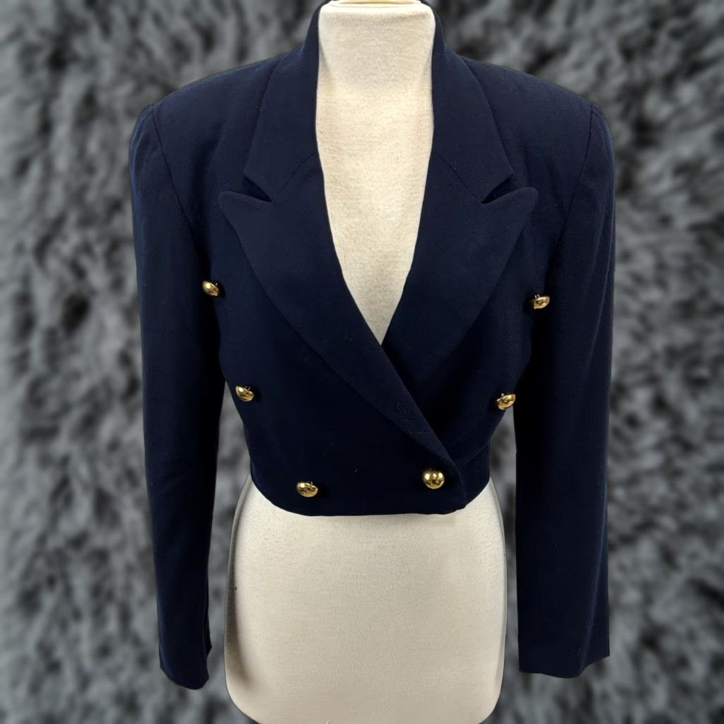 VINTAGE Ann Taylor Wool Blazer Jacket 90s Double Breasted Military Style Women's 4 Navy Blue Gold Buttons