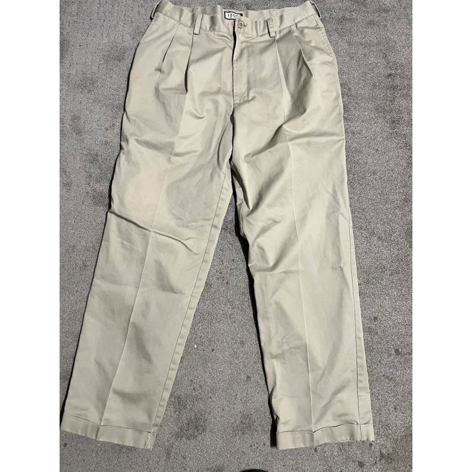 Izod VINTAGE IZOD Pants Mens 36x30 Beige Khaki Classic Fit Pleated Chino Straight Logo Pockets Front Zip Size US 36 / EU 52 - 2 Thumbnail