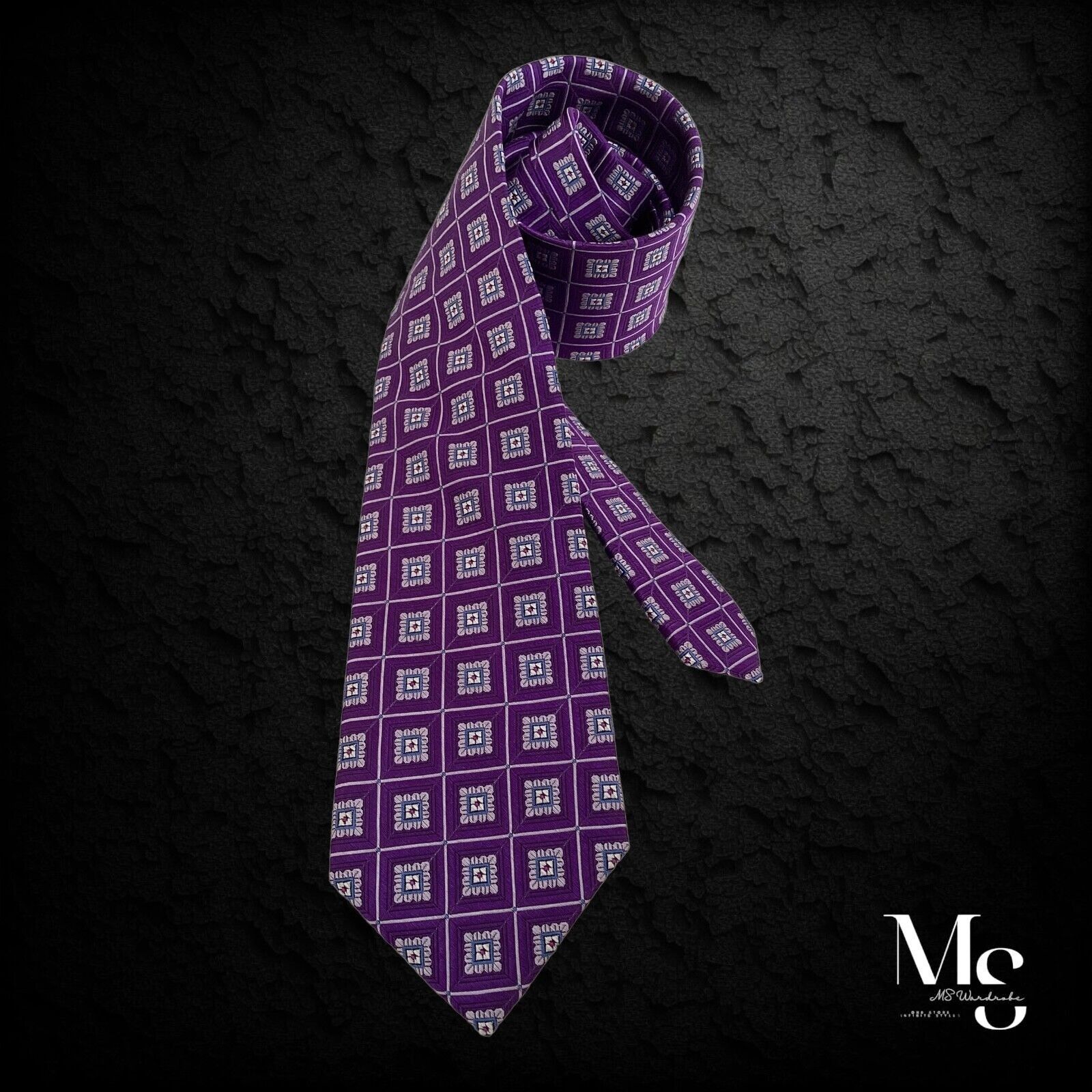 Hickey Freeman HICKEY FREEMAN Purple Medallion Print Silk Tie W:3.25’’ EC C Size ONE SIZE - 1 Thumbnail
