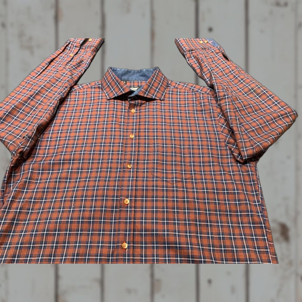 Vintage Oscar of Sweden Mens Dress Shirt Large Blue Red Plaid Casual Woven Cotton Button Collar Formal Wedding Size US L / EU 52-54 / 3 - 1 Thumbnail