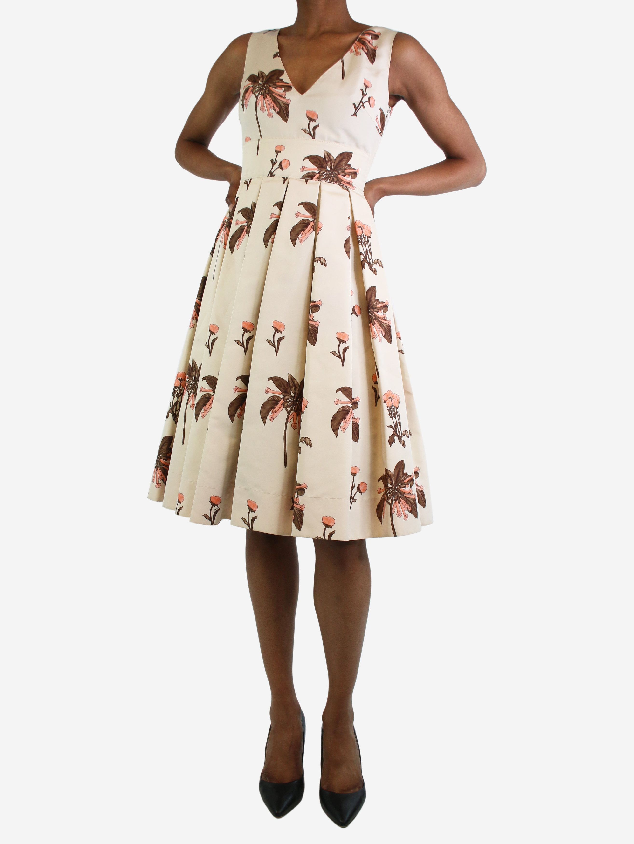 image of Prada Cream Floral Printed Pleated Silk Midi Dress - Size Uk 6, Women's