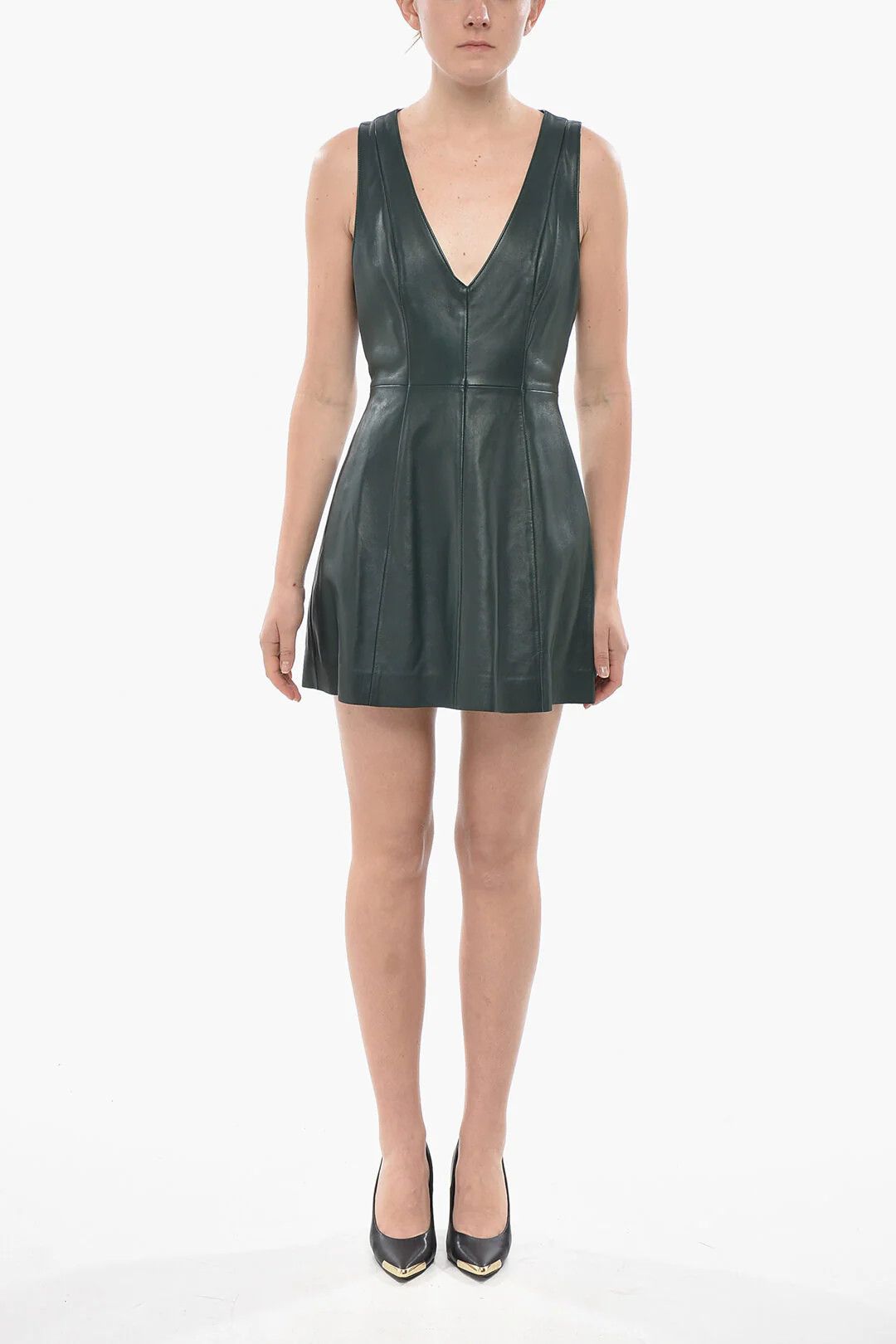 Marni og1mm0326 Flared Leather Mini Dress in Green Size S / US 4 / IT 40 - 1 Thumbnail