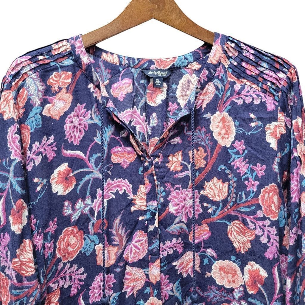 Lucky Brand Lucky Brand Sz XL Top Blouse Shirt Blue Floral Print Tassel Size XL / US 12-14 / IT 48-50 - 3 Thumbnail