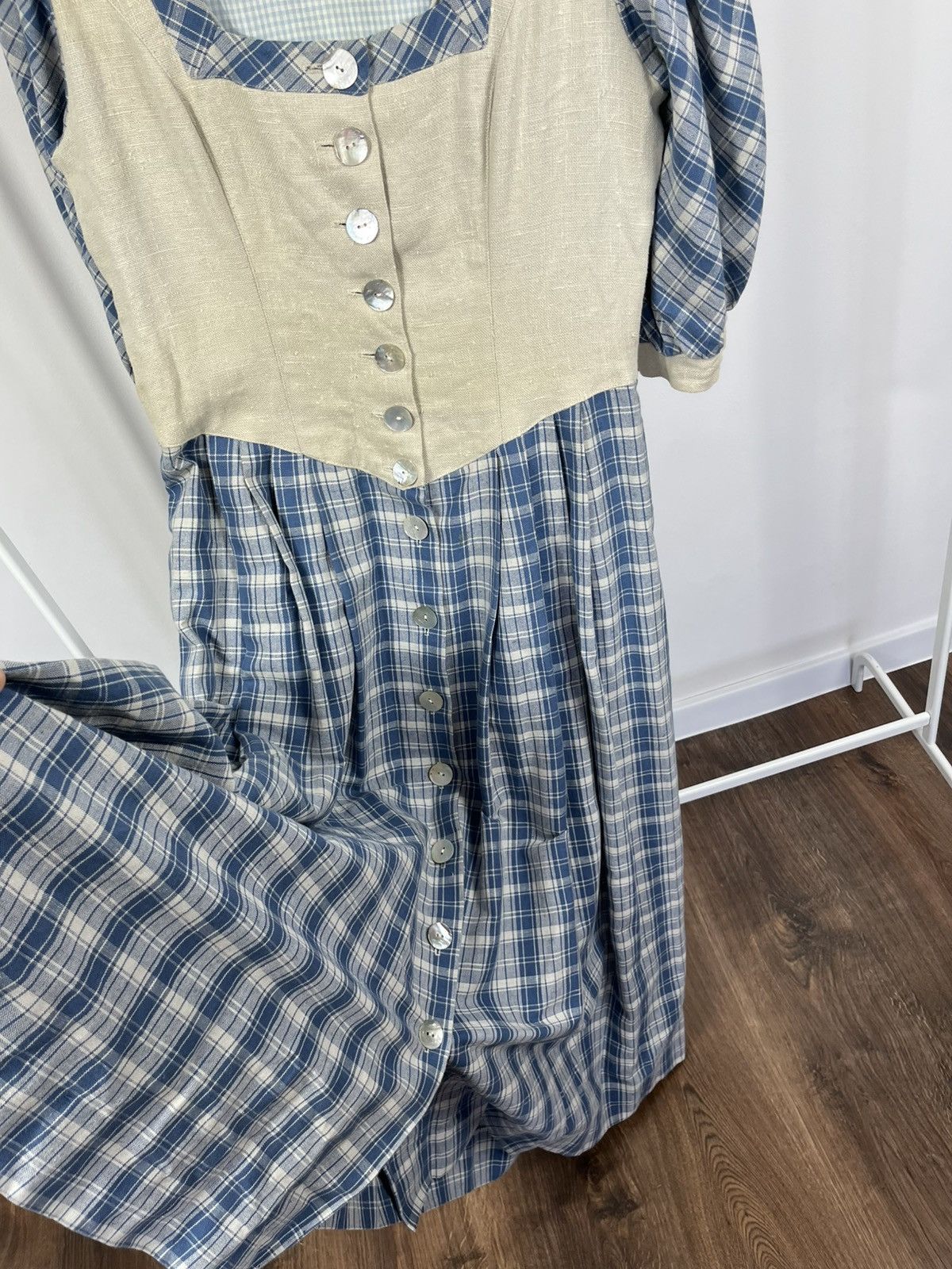 Other Vintage Dirndl Style Dress Blue Plaid Linen Folk Maxi Dress Size M / US 6-8 / IT 42-44 - 10 Thumbnail