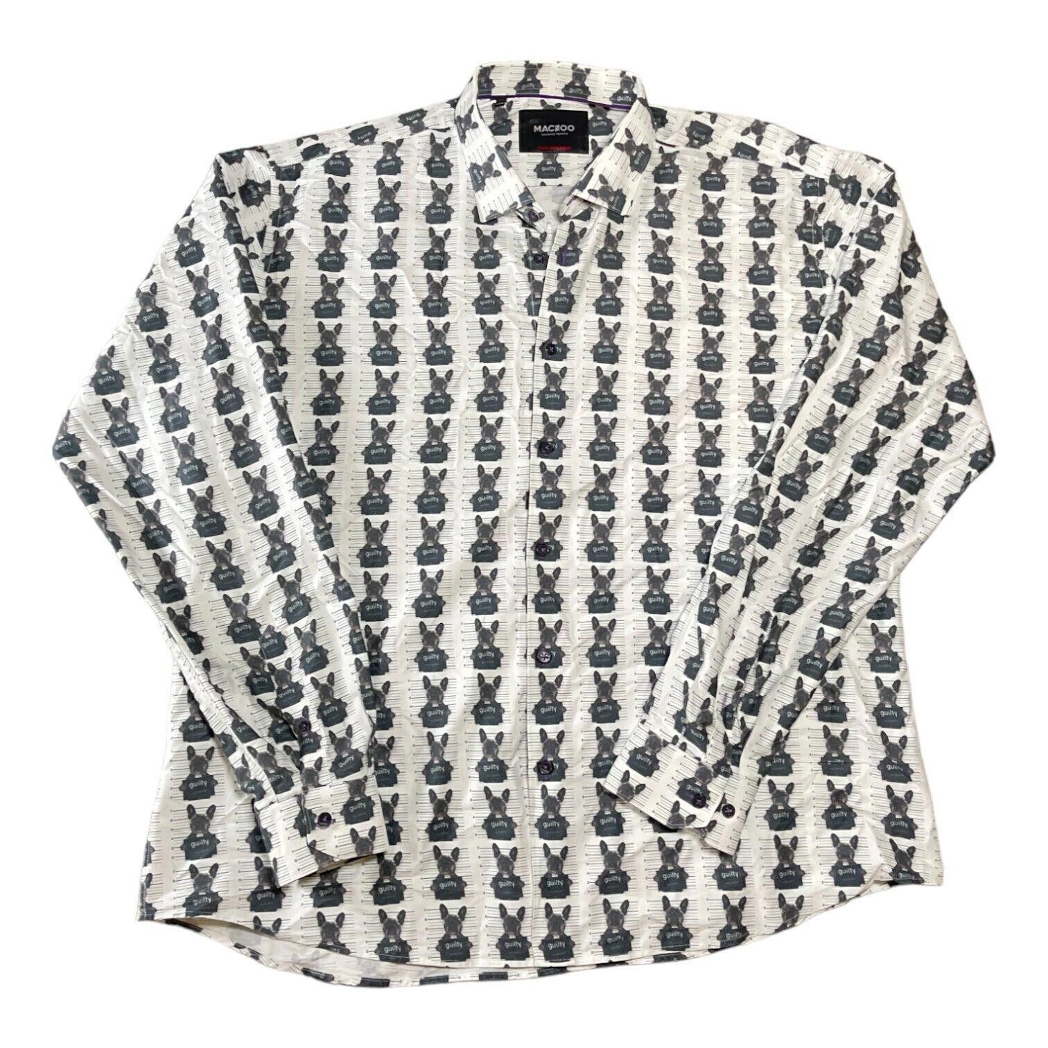 image of Designer Maceoo Men's Black Guilty Frenchie Mugshot Button Down Shirt in White (Size 2XL)