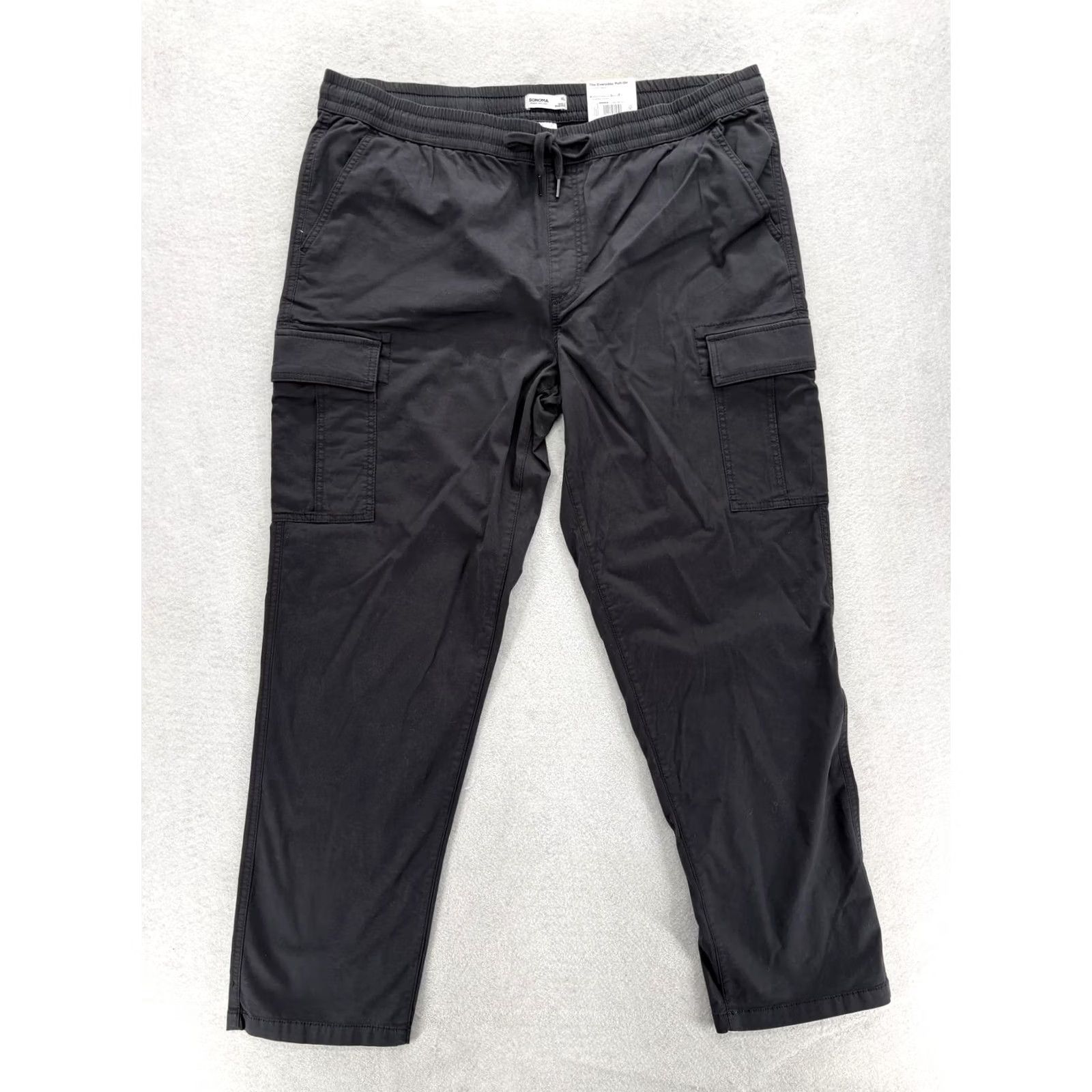 Vintage Sonoma Everyday Pull-On Cargo Pants Mens XL Black Cotton Stretch NWT Casual Solid Pocketed Front Drawstring Relaxed Fit Tapered Leg Size US 36 / EU 52 - 2 Thumbnail