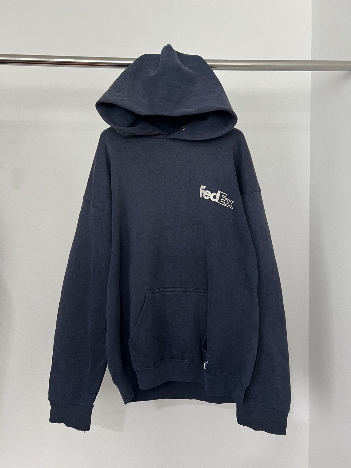 image of 80’S Fedex Trashed Vintage Sunfade Hoodie in Dark Navy, Men's (Size Large)