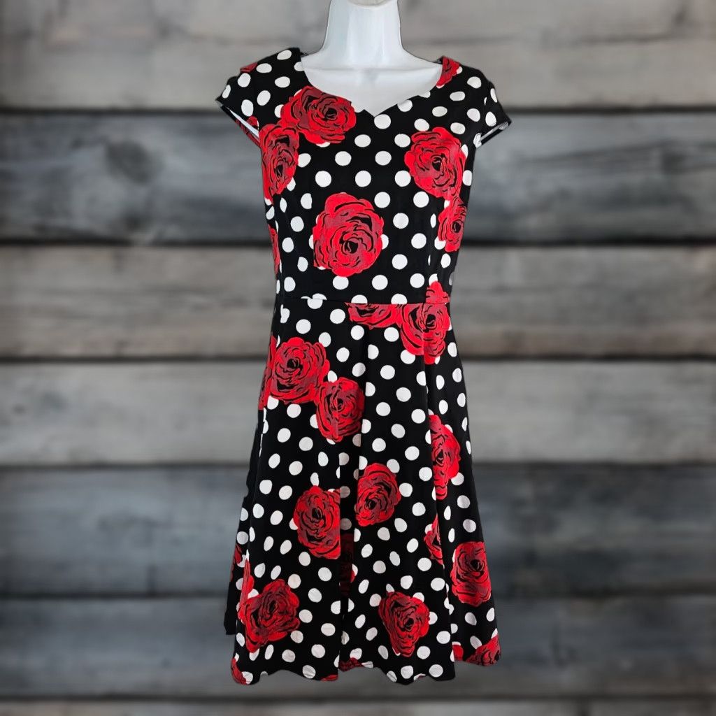 open lace back dress Annie Retro Swing Dress in Rose & Polka Dots