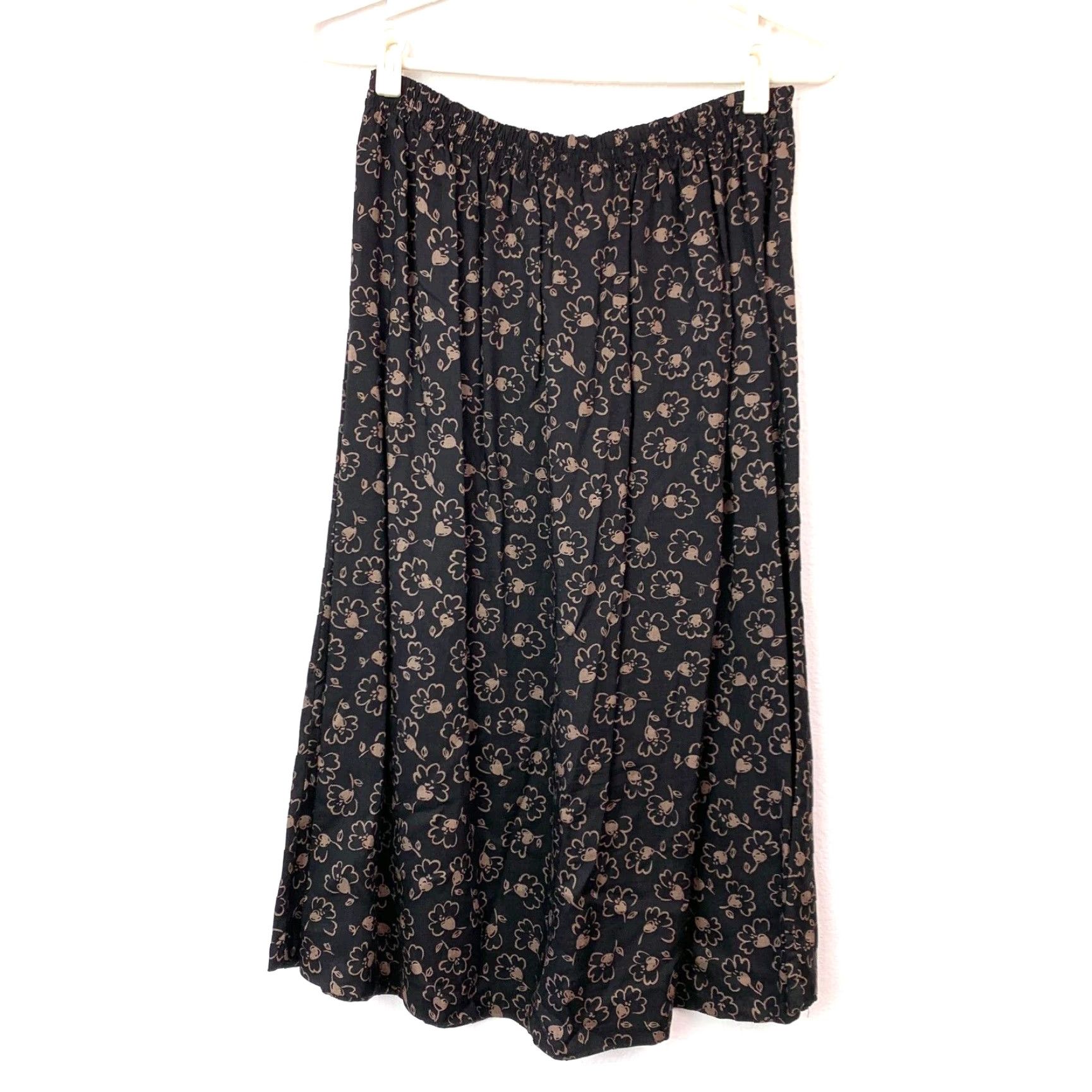 Vintage VINTAGE Honors Black Brown Floral Long Skirt S 90s 1990s 100% Rayon Elastic Waist Womens Size 28" / US 6 / IT 42 - 2 Thumbnail