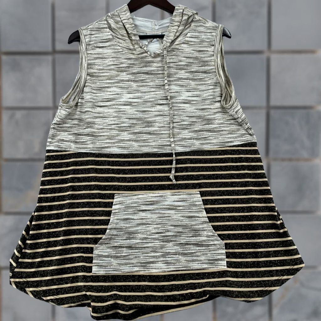 Vintage LuLaRoe Brittany Hooded Top Womens L Beige Black Striped Sleeveless Pullover Shirt Tank Sportswear Casual Size L / US 10 / IT 46 - 1 Thumbnail