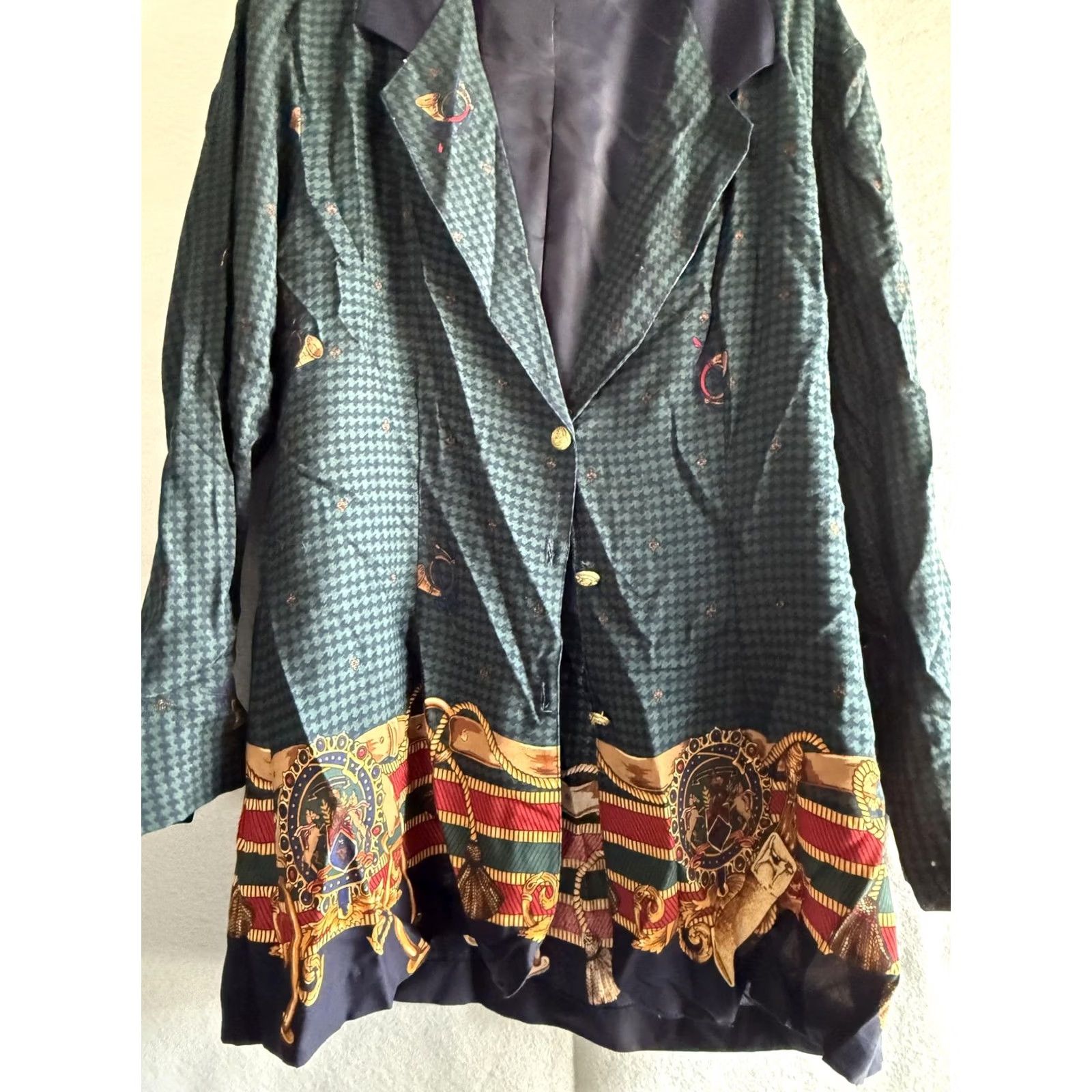Lee Kathie Lee Jacket Womens 2X Green Horse Equestrian Print Check Button Lined Jacket Size XXL / US 16-18 / IT 52-54 - 2 Thumbnail