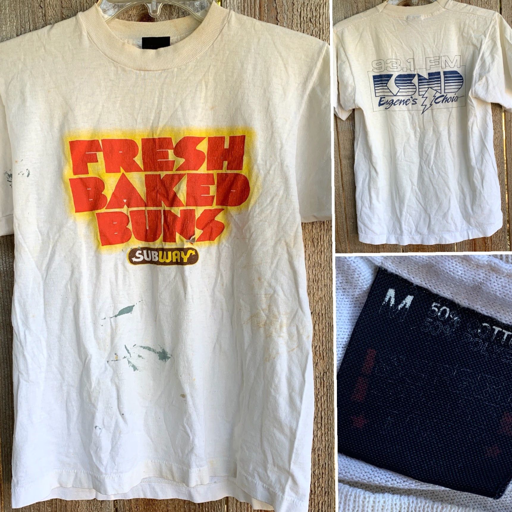 Vintage VINTAGE FRESH BAKED BUNS Subway 93.1 FM KSND Eugene’s Choice T Shirt M White Mens Graphic Tee 1990s Screen Stars Best Shirt Size US M / EU 48-50 / 2 - 4 Thumbnail