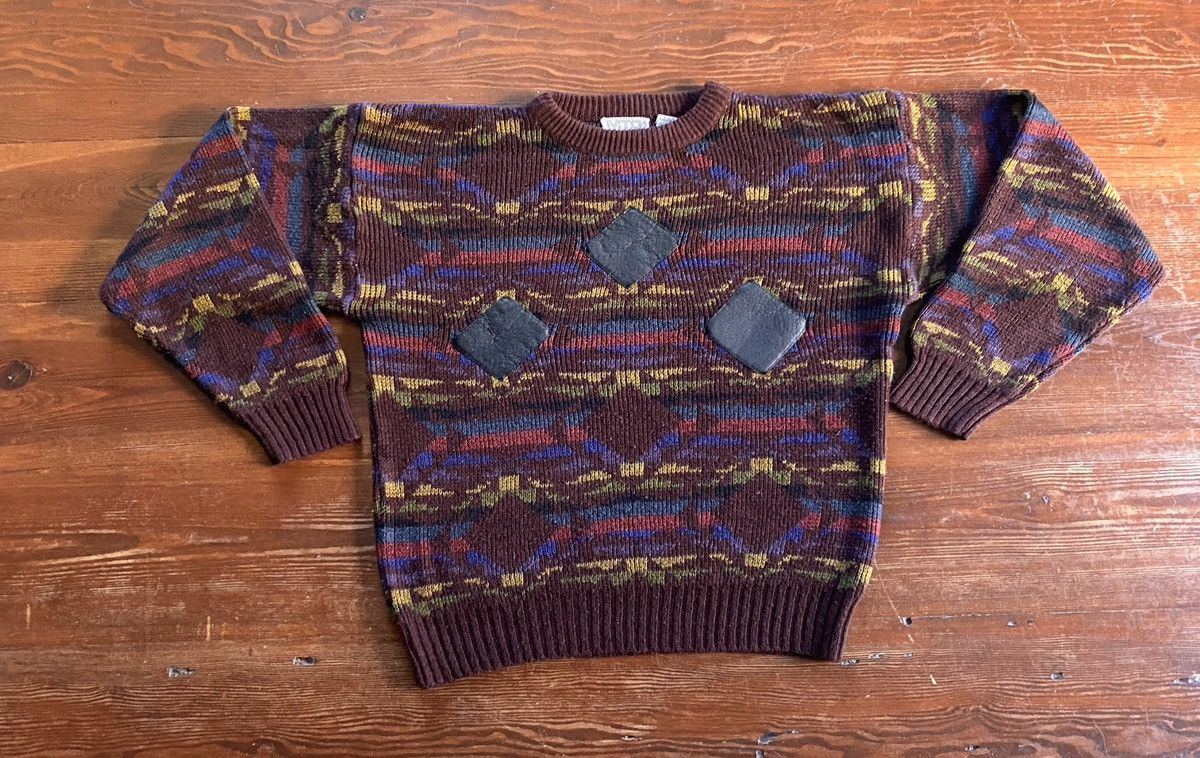 Vintage Vintage 80’s MTO Patterned Leather Patch Knit Sweater Size US L / EU 52-54 / 3 - 2 Thumbnail