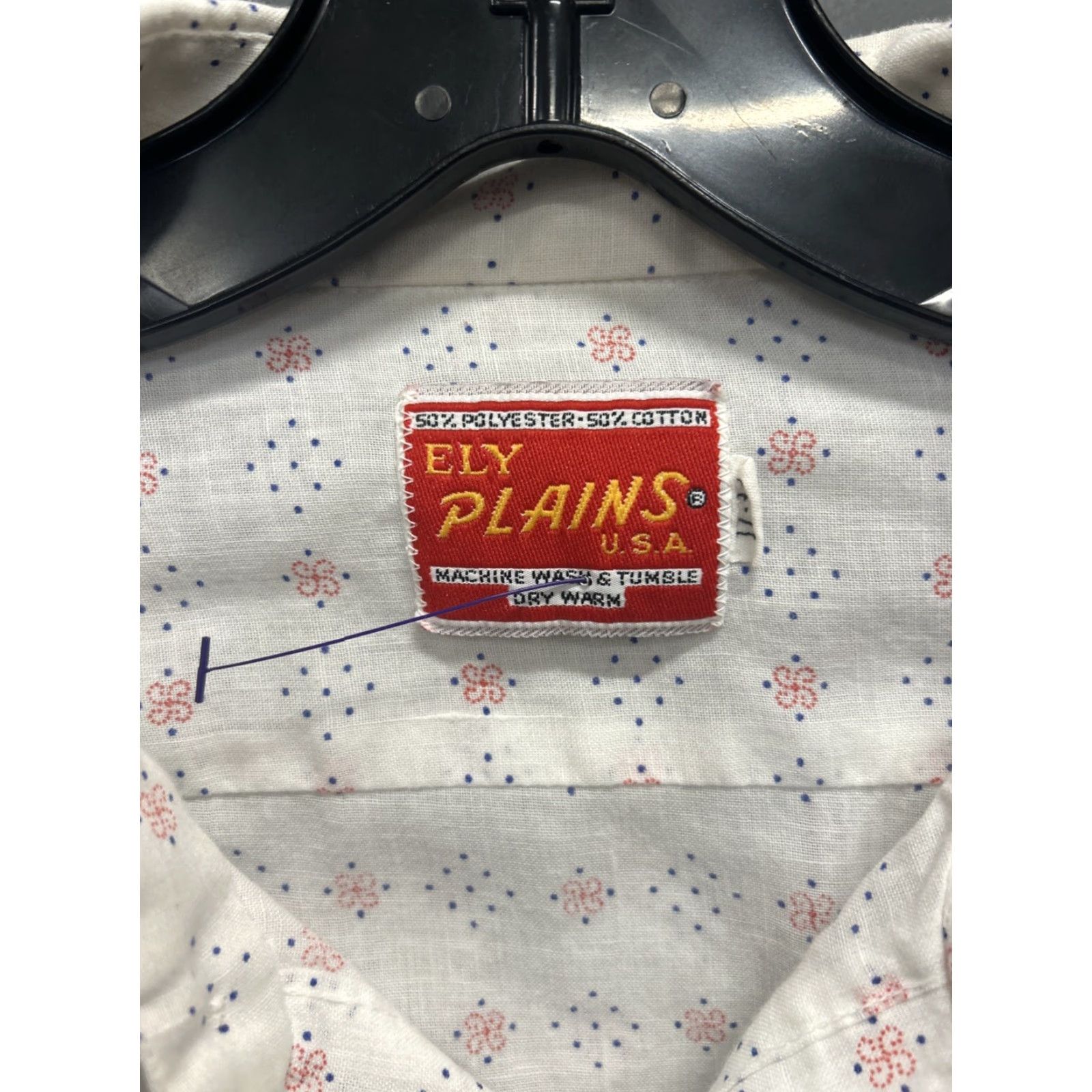 VINTAGE Ely Plains Shirt Button-Up Men 17-34 White Red Blue Pattern Regular Mens
