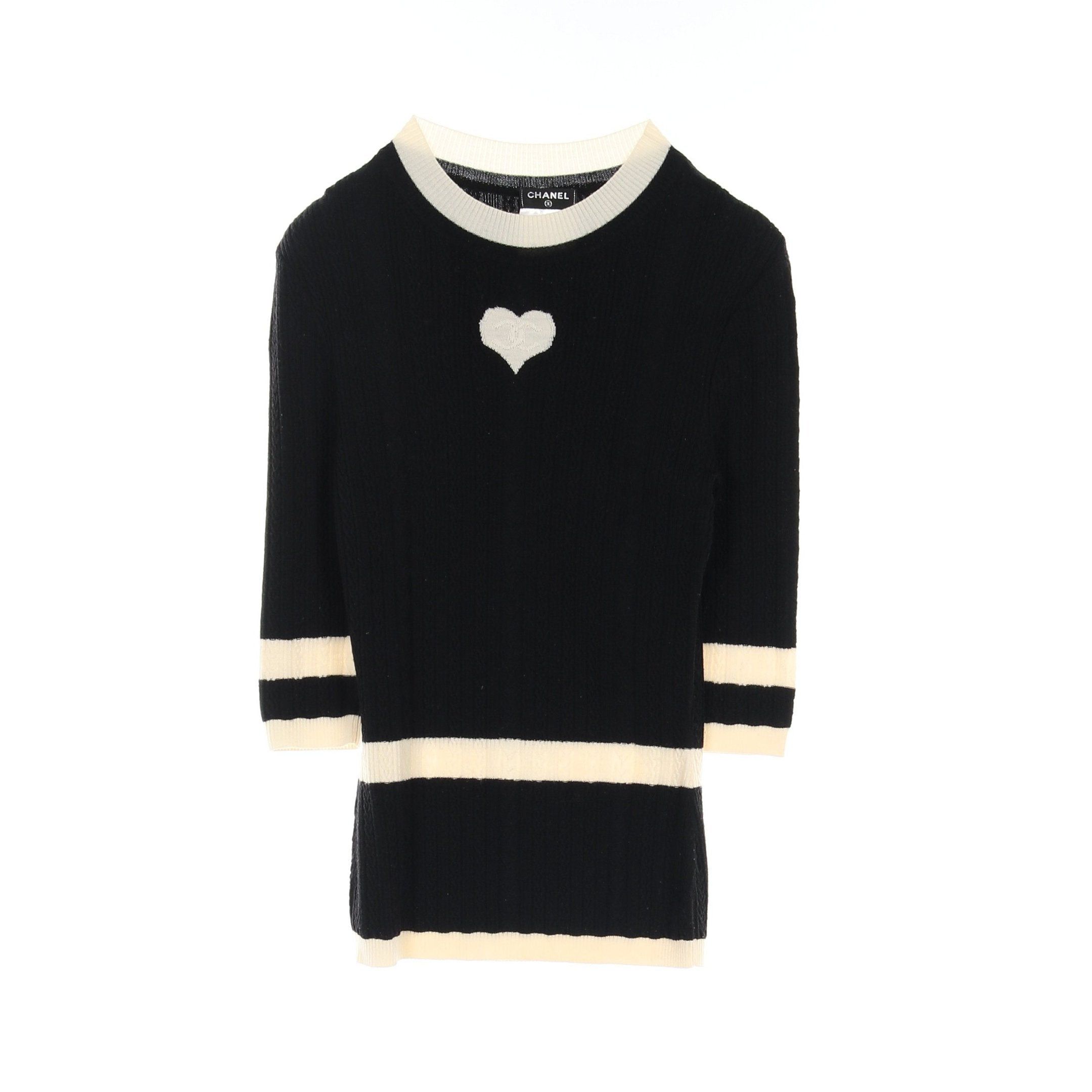 Chanel Knit Crew Neck Heart Wool Black Ivory