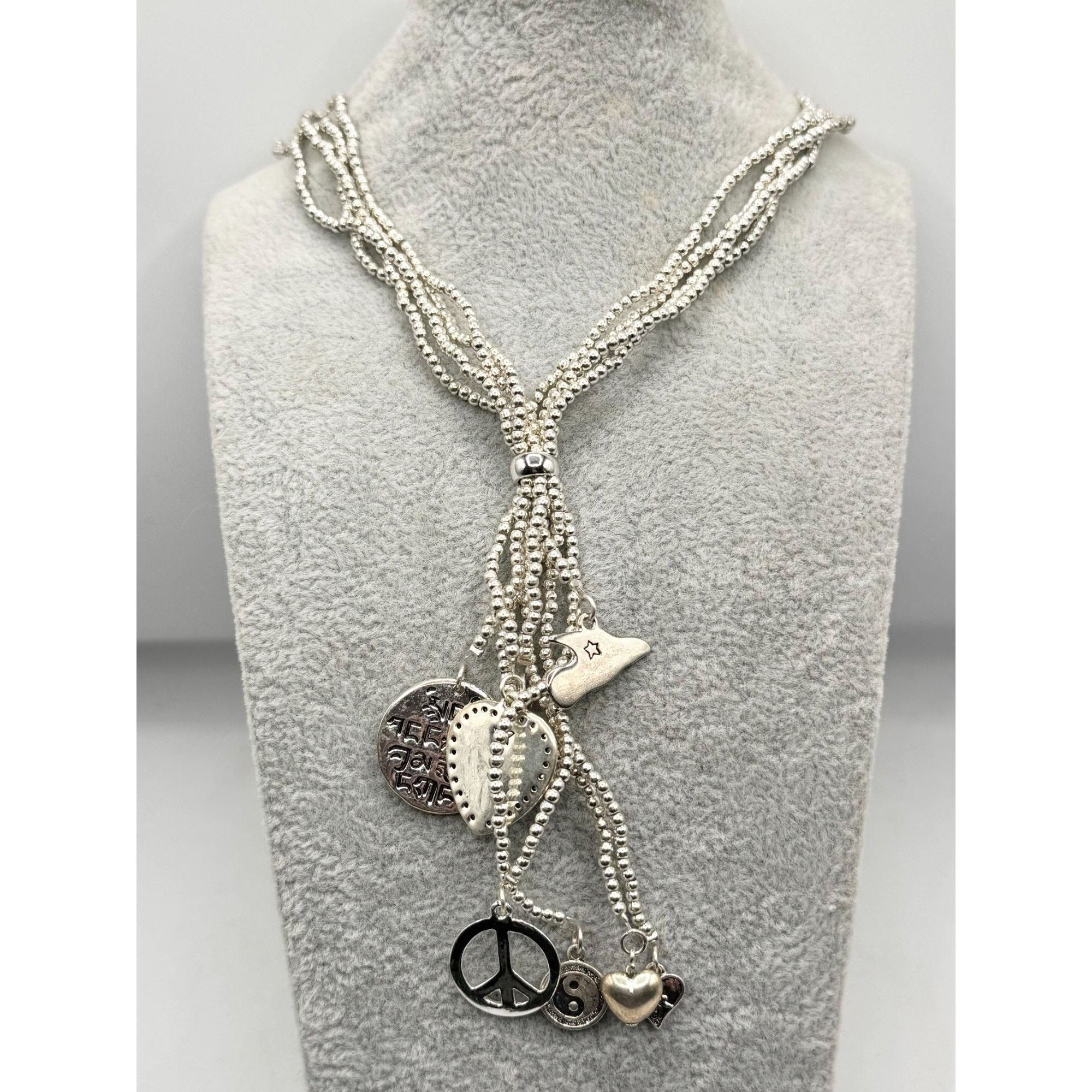 Vintage Beaded tassel silver tone peace love charm necklace Size ONE SIZE - 5 Thumbnail