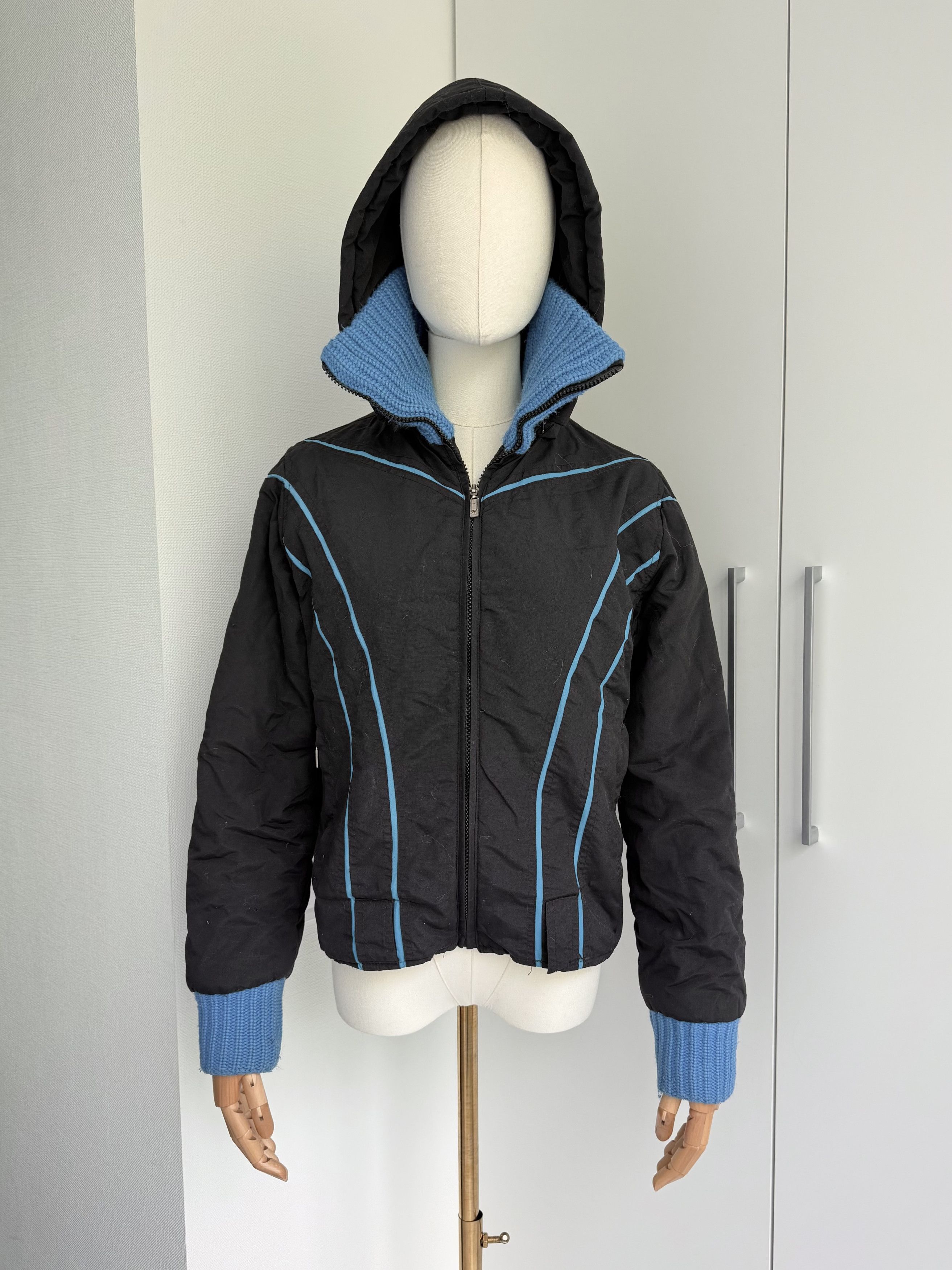 Vintage Black Blue Y2K Zip Jacket Women M Knit Trim Cropped Bomber Size M / US 6-8 / IT 42-44 - 2 Thumbnail