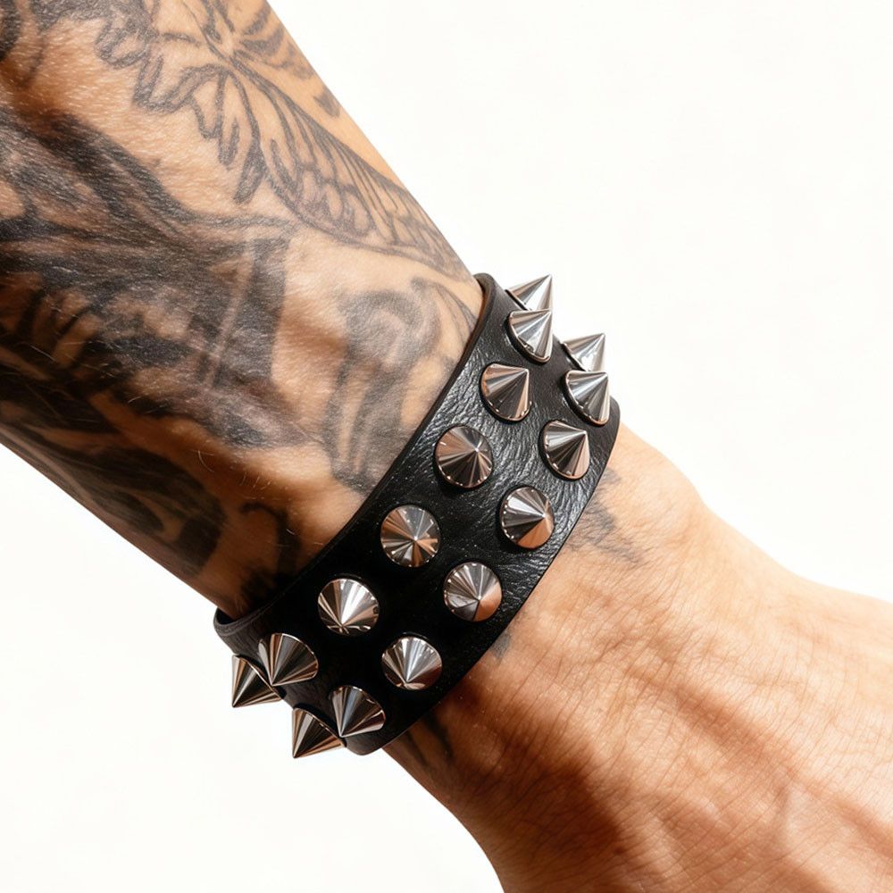 Japanese Brand Pu leather 2 Line Spike Vintage Bracelet Size ONE SIZE - 1 Thumbnail