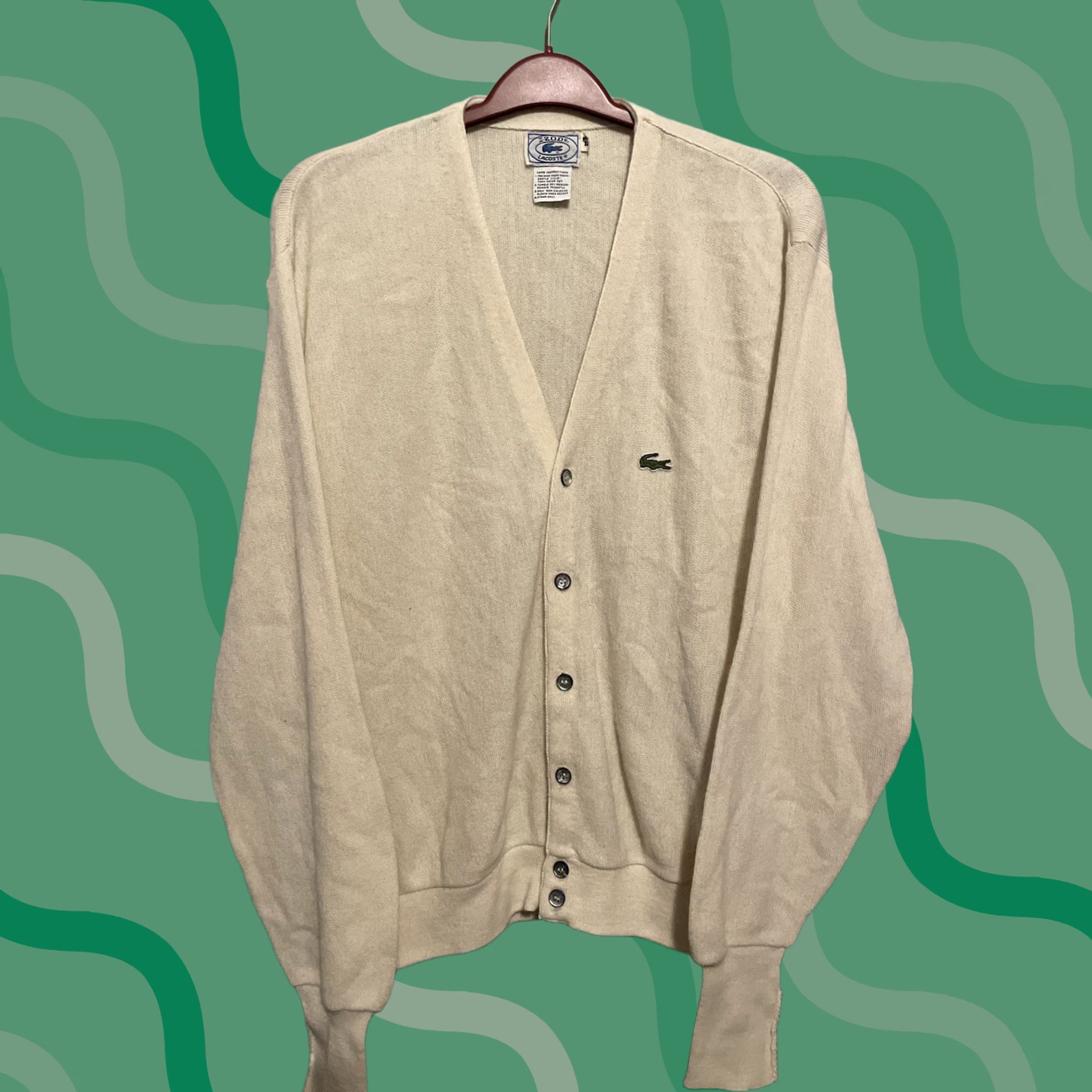 Lacoste VINTAGE Lacoste Izod Cardigan Sweater Gator Patch Knit V-Neck XL Beige Mens USA Size US XL / EU 56 / 4 - 1 Thumbnail