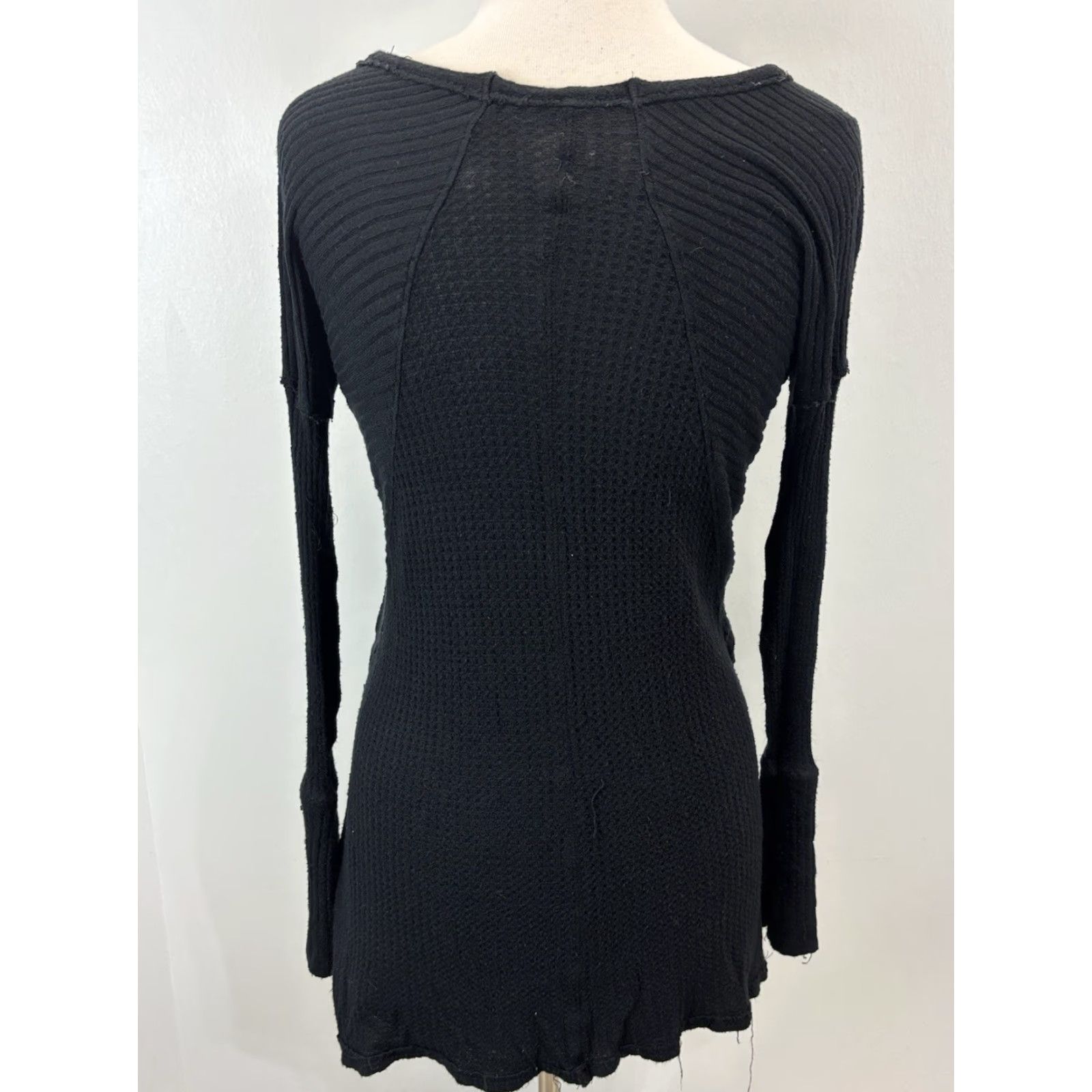 Free People Free People Shirt Women XS Black Thermal Tunic Top Tie Front Witchy Goth Raw Edge Size XS / US 0-2 / IT 36-38 - 3 Thumbnail