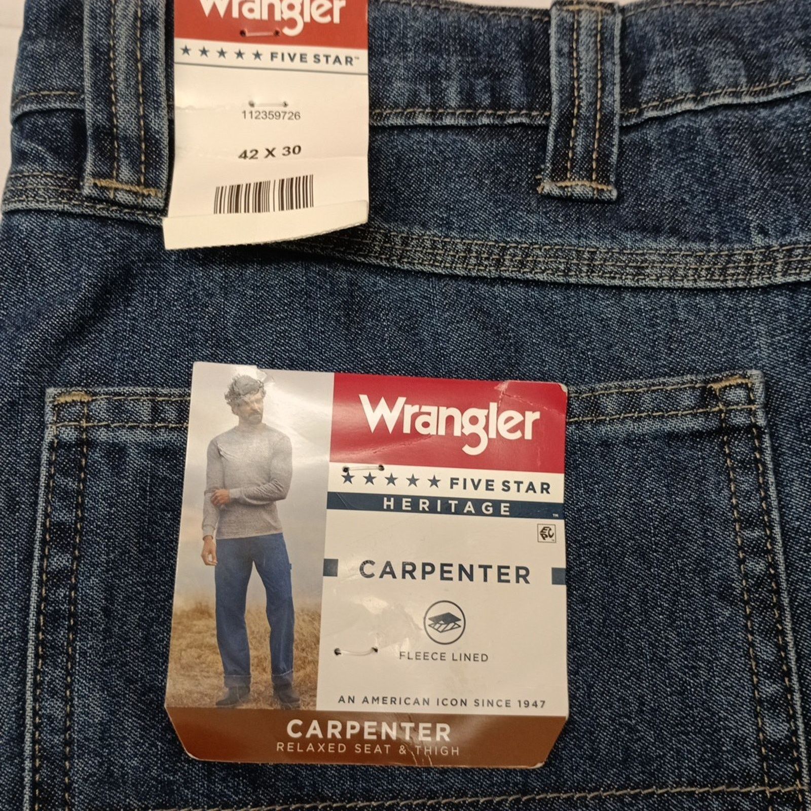 Wrangler Wrangler 42x30 Men's Relaxed Fleece Lined Carpenter Jeans Size US 42 / EU 58 - 2 Thumbnail