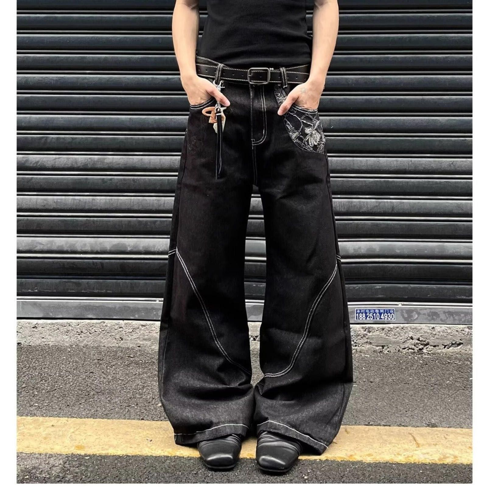 Japanese Brand Black Wide Leg Denim Jeans with Stitch Detail and Patch Size US 30 / EU 46 - 2 Thumbnail