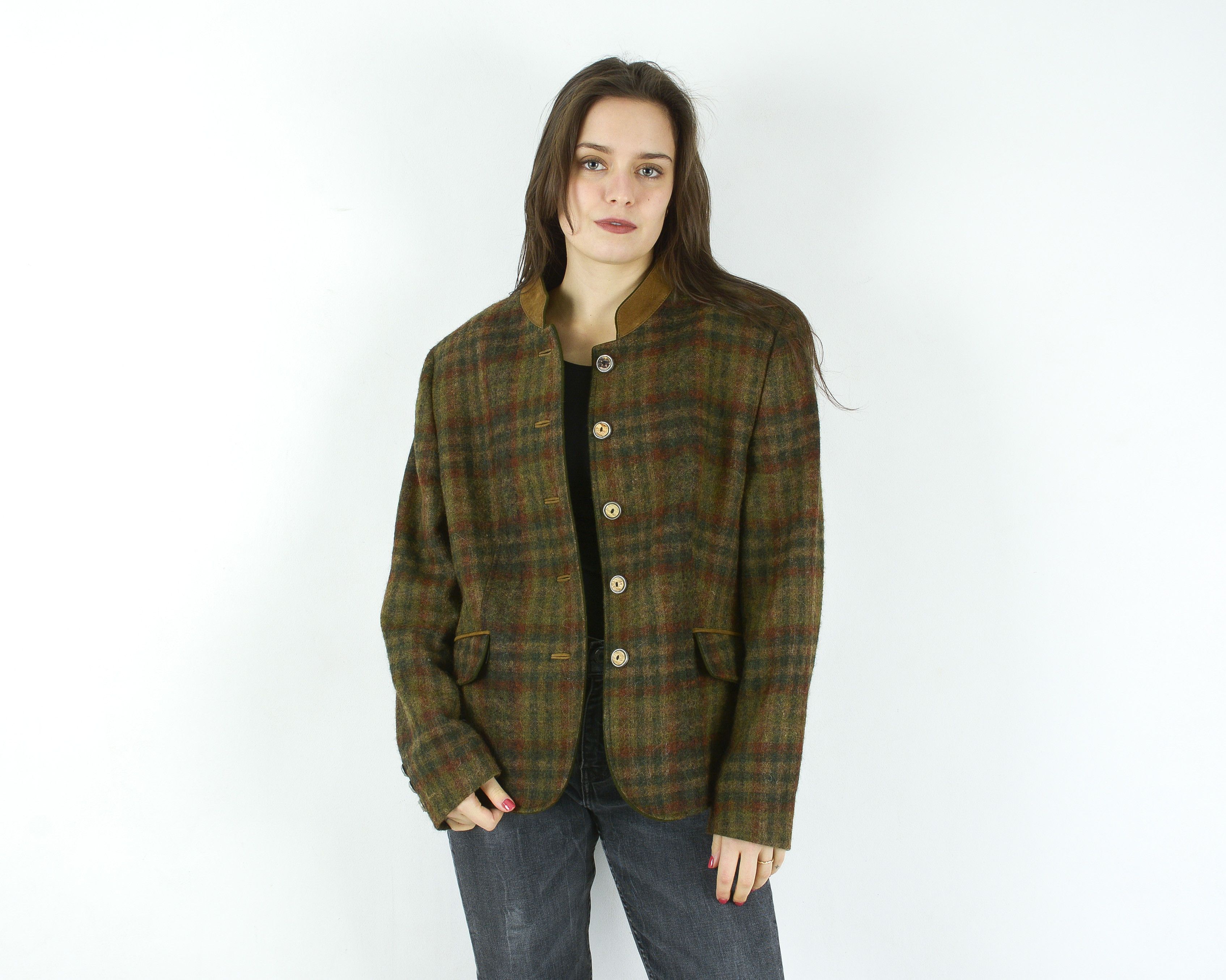 Allwerk L Wool Jacket Trachten Cardigan Check Plaid Tartan