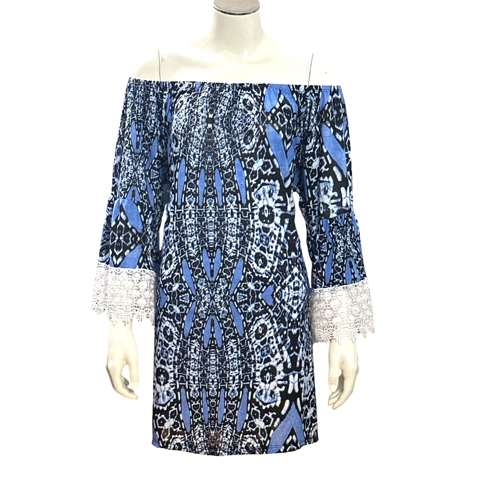 Other CCC Blue Black Print Off Shoulder Tunic Dress Lace Bell Slee Size XL / US 12-14 / IT 48-50 - 1 Thumbnail
