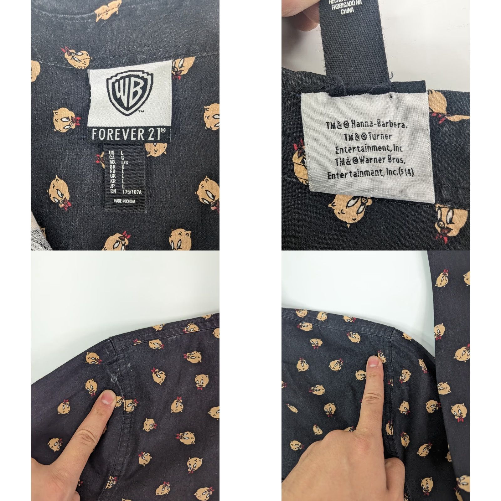 Forever 21 FOREVER 21 Warner Bros Porky Pig Long Sleeve Button Front Shirt L Black Cotton Mens Button-Up 90s Theme Size US L / EU 52-54 / 3 - 8 Thumbnail