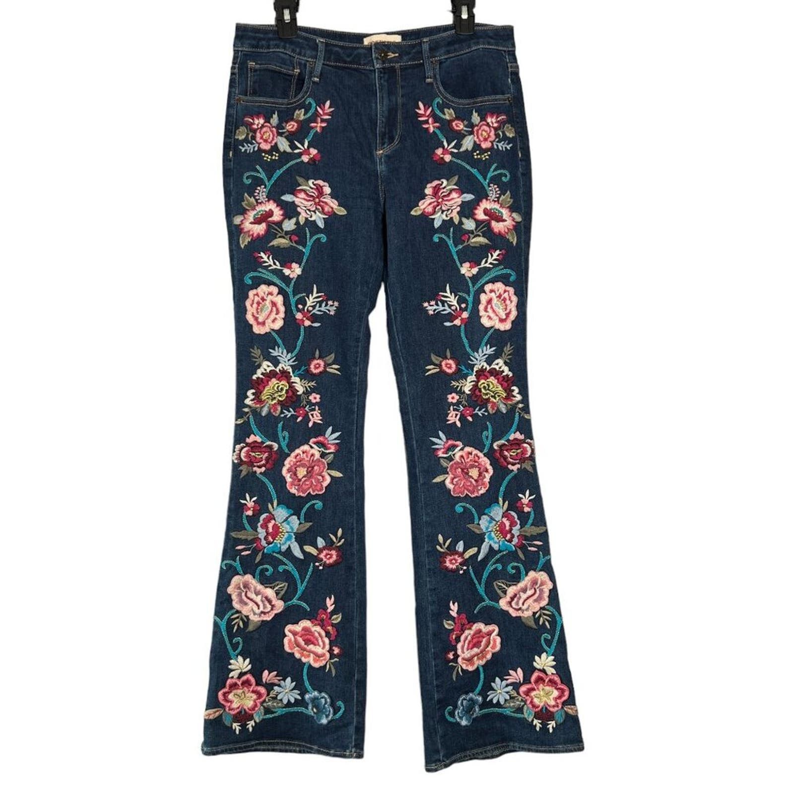 image of Driftwood Eva Floral Boot Cut Jeans Size 31 X 33 Wide Leg in Blue, Women's
