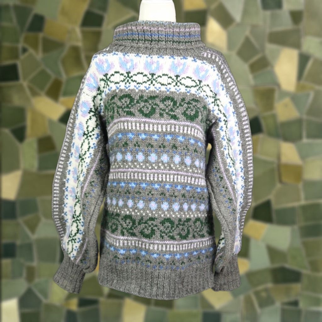 Vintage VINTAGE Grey Wool Fair Isle Turtleneck Sweater Nordic Scandinavian S Women Pullover 80s Bohemian Long Balloon Sleeve Wool Millfall? Size S / US 4 / IT 40 - 1 Thumbnail