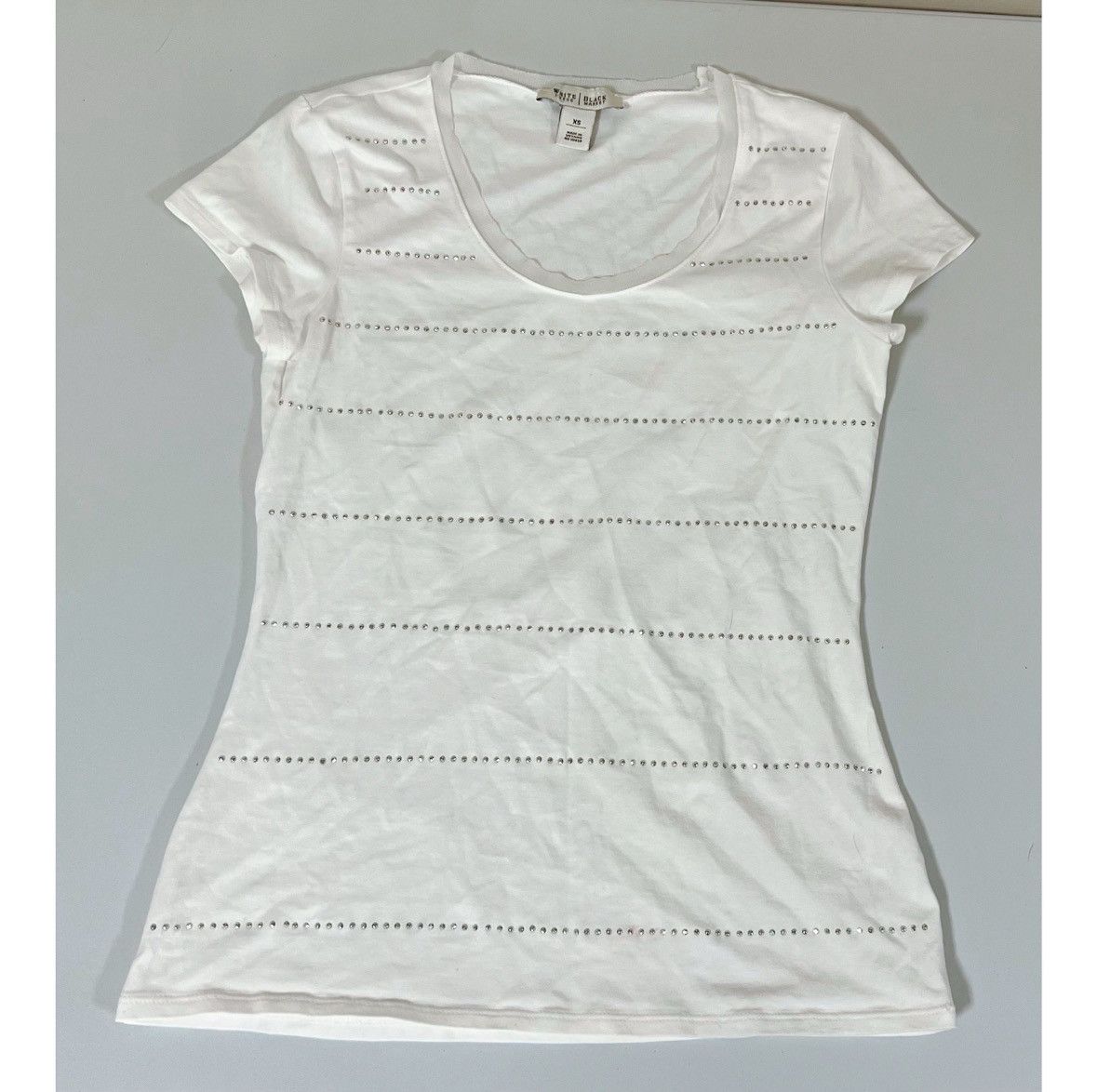 White House Black Market White Diamond Striped Short Sleeve Top T-Shirt Tee Size XS 💎 Size XS / US 0-2 / IT 36-38 - 2 Thumbnail