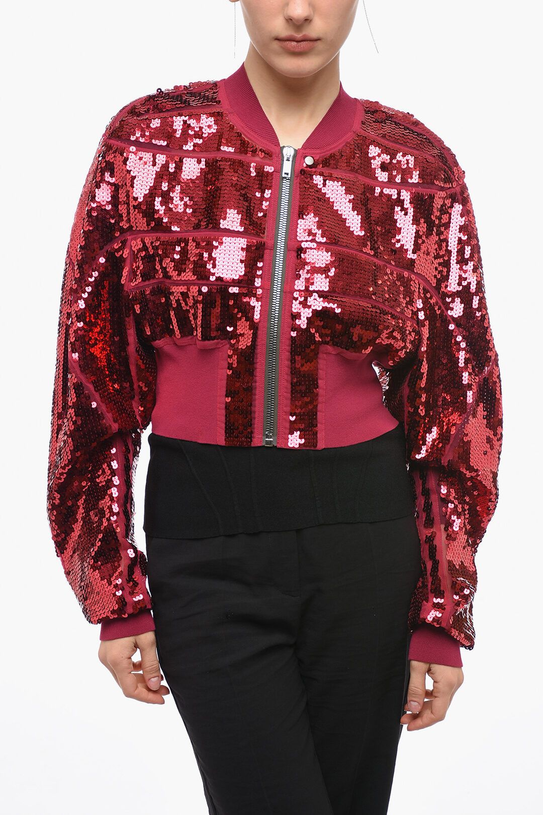 Rick Owens og1mm0724 Sequined Girdered Flight Cropped Jacket in Red Size S / US 4 / IT 40 - 1 Thumbnail