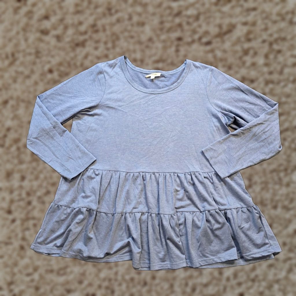 Vintage Jane & Delancey Blouse Womens 1X Blue Ruffle Tiered Bottom Long Sleeve Casual Shirt Size XL / US 12-14 / IT 48-50 - 1 Thumbnail