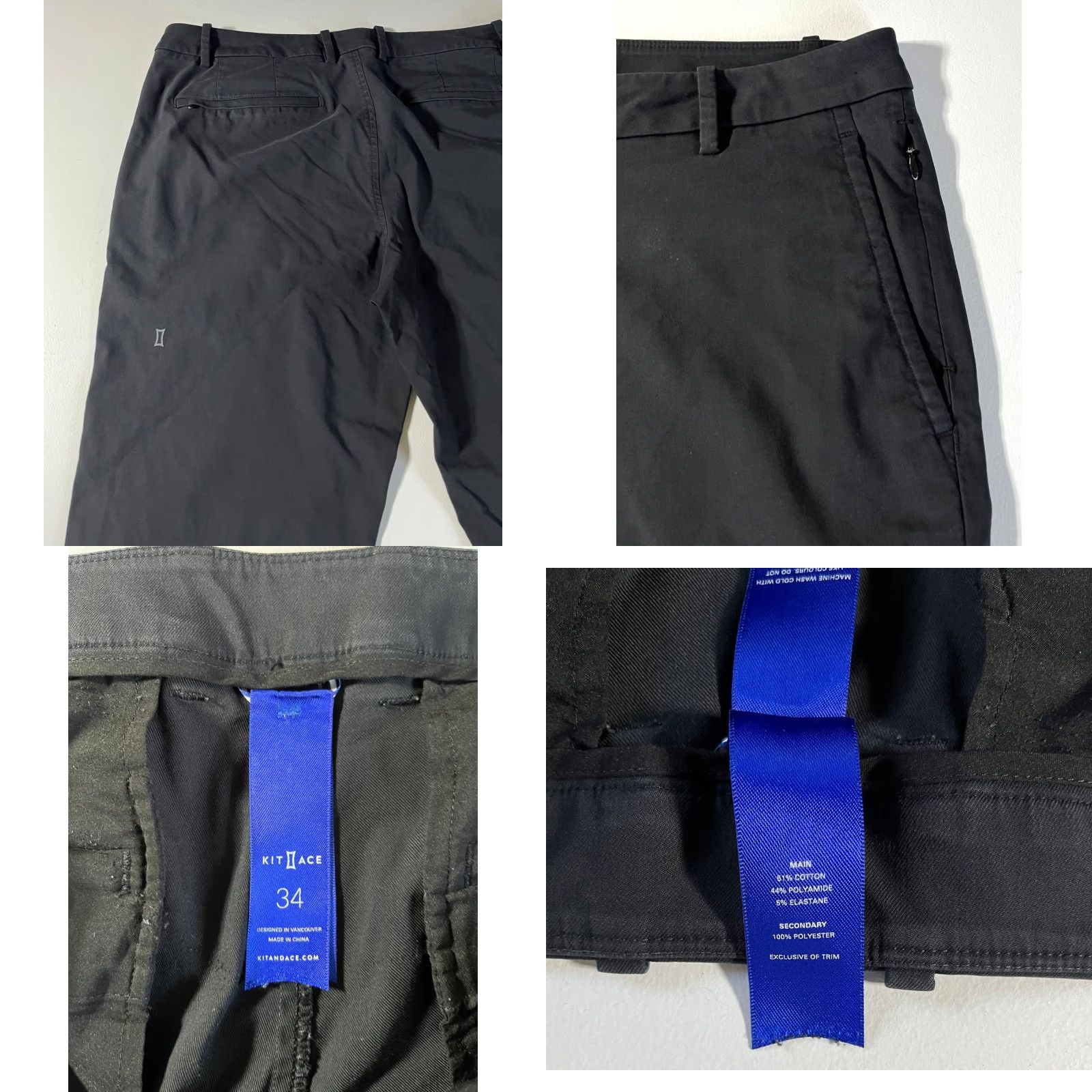 Vintage Kit and Ace Men's Chino Pants 34 Black Cotton Blend Stretch Flat Front Belt Loops Zip Inseam 32 Regular Straight Pockets City Preppy Style Men’s Pants Size US 34 / EU 50 - 8 Thumbnail