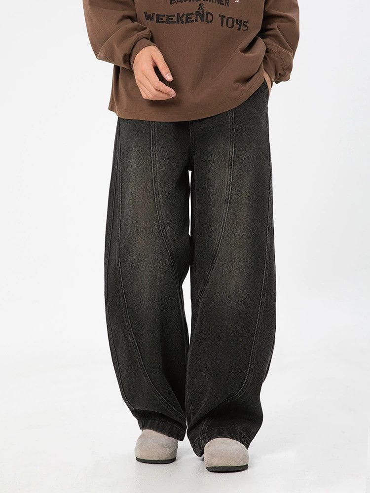 Men's retro loose straight washed distressed scimitar jeans