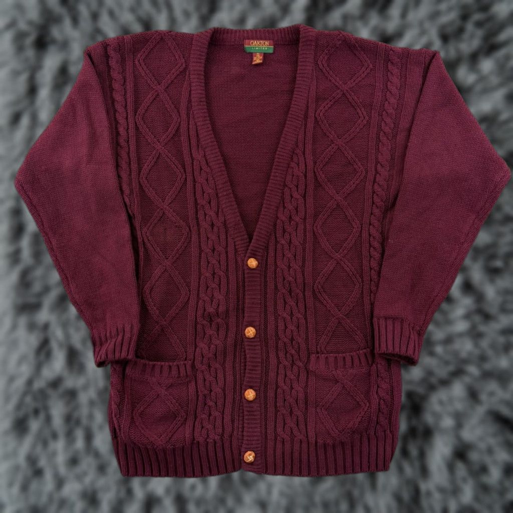 Vintage VINTAGE Oakton Cardigan Sweater Men 2XLT Cable Knit Fisherman Red Navy Accents Pockets Heavyweight Knit 90s Preppy Academic Size US XXL / EU 58 / 5 - 1 Thumbnail