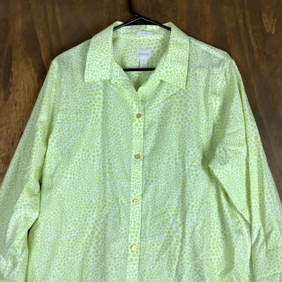 Vintage Chicos Womens Blouse White Green Dots Collared Non Iron Button Down 3 XL Shirt Womens Casual Workwear Polka Dot 3 (XL) Size XL / US 12-14 / IT 48-50 - 2 Thumbnail