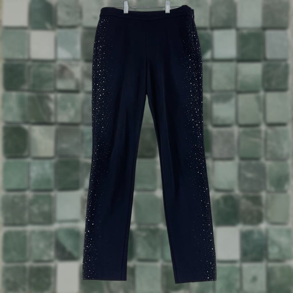 St. John St. John Black Studded Embellished Pants Womens Small Mid-Rise Stretch Regular Skinny Front Flat Back Slit Size 28" / US 6 / IT 42 - 1 Thumbnail