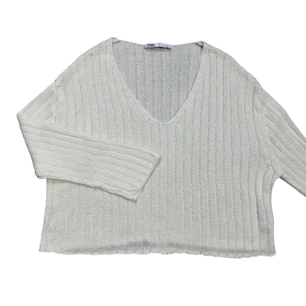 Zara Zara Linen Blend V-Neck Knit Ivory Sweater Size L Size L / US 10 / IT 46 - 5 Thumbnail
