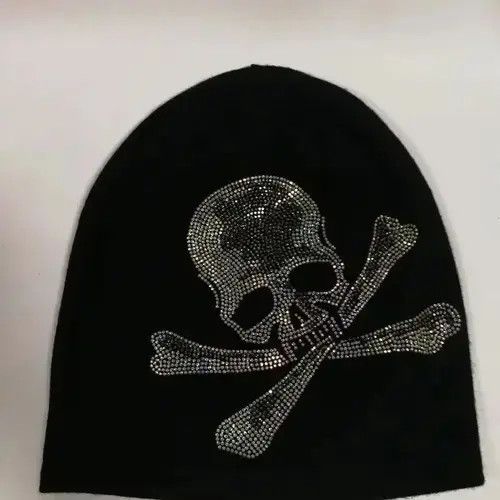 VIBE Gothic Black Skull Rhinestone Knitted Beanie Hats Size ONE SIZE - 1 Thumbnail